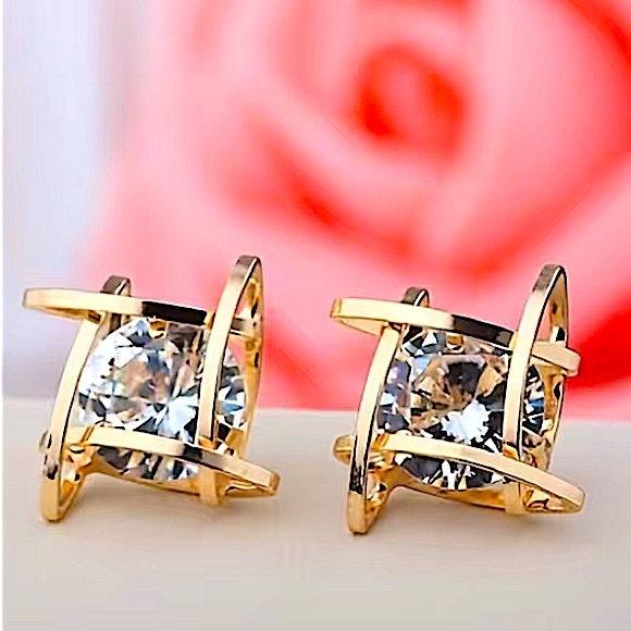 Gold Caged Zircon 3D Stud Geometric Earrings - Picture 2 of 3